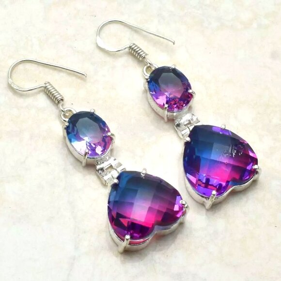 Gorgeous Bi Color Tourmaline Handmade Drop Dangle Earrings Jewelry - Picture 1 of 1